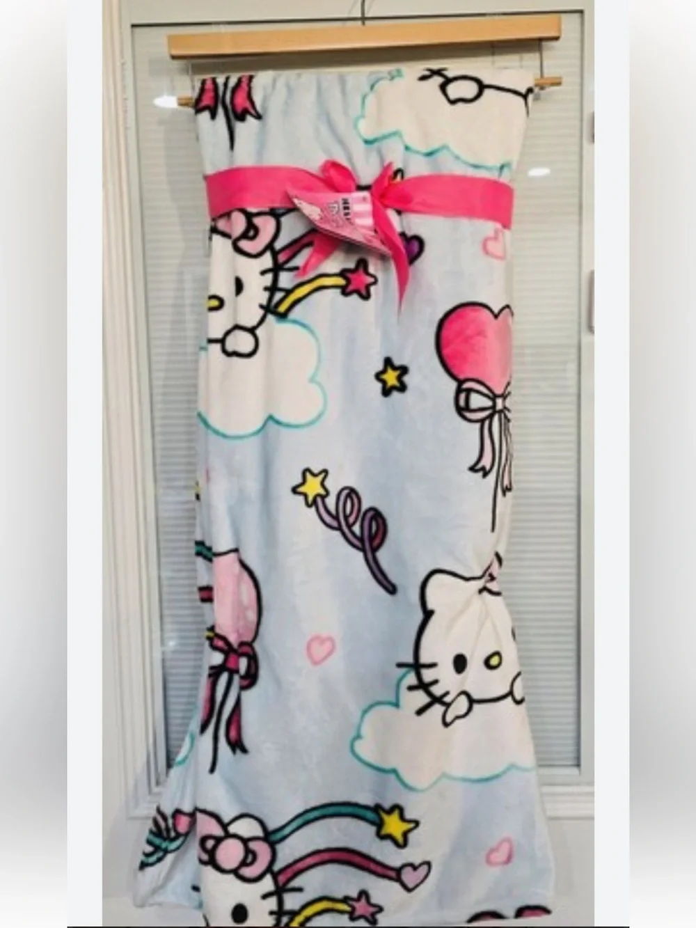 Hello Kitty Light Blue & Pink Plush Throw Blanket with Clouds & Hearts